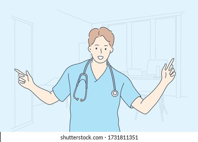 Healthcare, medicine, doctor concept. Young happy man or boy medical worker or corpsman practitioner standing in hospital looking straight at camera. Internship in clinic and success illustration.
