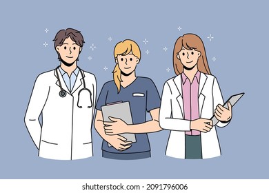Healthcare medicine and doctors concept. Group of young smiling doctors with stethoscope and nurse standing with documents and looking at camera as team vector illustration 