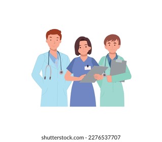 Healthcare medicine and doctors concept. Group of hospital medical staff standing together. Male and female medicine workers. Flat vector illustration