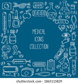 Healthcare medicine doodle line icons vector set round shape design