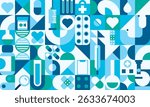 Healthcare medicine geometric pattern. Vector modular tile background with pills, syringe, bandage, thermometer, test tube, bottle, heart and cross icons arranged in abstract shapes in blue and green