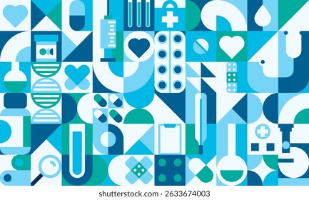 Healthcare medicine geometric pattern. Vector modular tile background with pills, syringe, bandage, thermometer, test tube, bottle, heart and cross icons arranged in abstract shapes in blue and green
