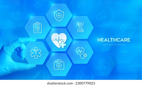 Healthcare. Medicine Health Care technology concept. Health insurance. Hand in blue glove places an element into a composition with medical icons visualizing Medical services. Vector illustration.