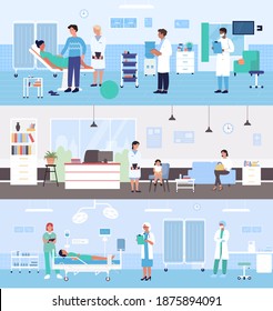 Healthcare medicine hospital service vector illustration set. Cartoon doctor character examining pregnant woman patient in medical ward, family with kid waiting pediatrician examination background