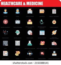Healthcare and Medicine Icon Pack, doctors, nurse, Clinical Center, tests for online diagnosis, medical benifits, x-ray, eye test transports of patients, medical news, and many more icon