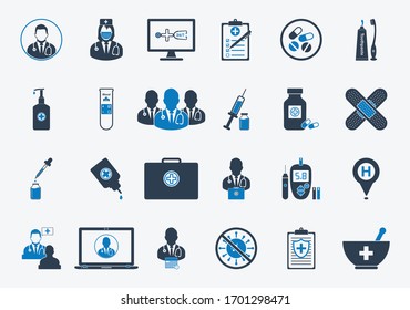 Healthcare and Medicine Icons with Doctor, Surgeon, Physician, Online Medical Help, First Aid Kit, Insulin, Eye Dropper, Pipette, Hand Wash, Tooth Brush, Vaccine, Diabetic Meter Sign. Vector Symbol.