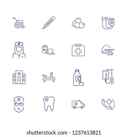 Healthcare and medicine icons. Set of line icons. Pills, doctor, first aid. Ambulance concept. Vector illustration can be used for topics like hospital, clinic, treatment 