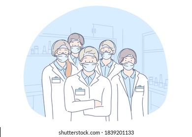 Healthcare, medicine, infection, coronavirus, protection concept. Group or team of men and women doctors lab workers scientists colleagues with medical face masks illustration. Covid19 desease danger.