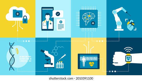 Healthcare and medicine innovation and research icons set