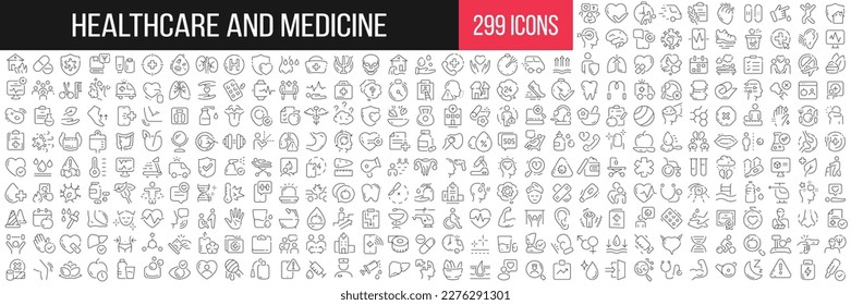 Healthcare and medicine linear icons collection. Big set of 299 thin line icons in black. Vector illustration