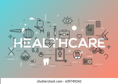 Healthcare, medicine, medical service, healthy lifestyle and nutrition concept. Unique infographic banner with modern lettering and elements in thin line style.