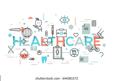 Healthcare, medicine, medical service, healthy lifestyle and nutrition concept. Unique infographic banner with modern lettering and elements in thin line style. Vector illustration for header, poster.