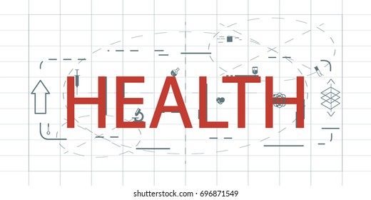 Healthcare, medicine, medical service, healthy lifestyle and nutrition concept.  Infographic banner with modern lettering and elements in thin line style. Vector illustration for header, poster.