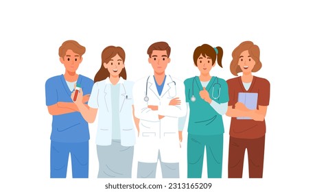 Healthcare medicine professional and doctors concept. Hospital medical team on white background. Flat vector illustration.