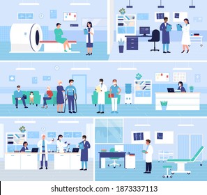 Healthcare medicine service, hospital office departments interior vector illustration set. Cartoon doctors meeting with patient characters,working in medical laboratory, making mri scan background