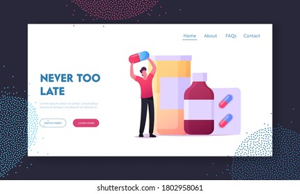 Healthcare Medicine Service Landing Page Template. Tiny Male Character Holding Vitamin Capsule or Drug Pill Stand at Huge Bottle and Blister with Medication Tablets. Cartoon Vector Illustration