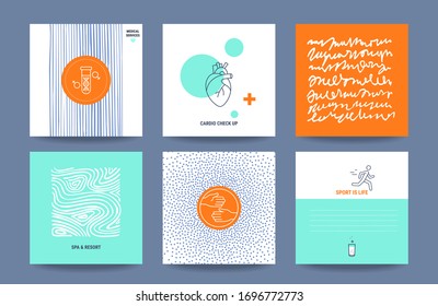 Healthcare, medicine, sport, fitness service cards template collection. Poster, flyer, banner, card, social media stories with hand drawn textures, thin line icons, geometric illustrations. Vector set