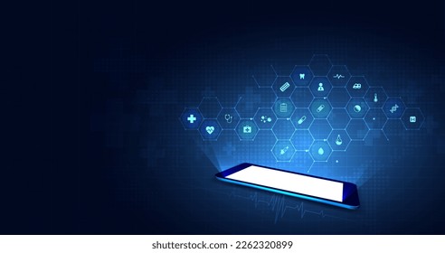 Healthcare and medicine technology with mobile or smartphone. phone screen with medical specialist and icons healthcare, cardiogram. medical video consultation with doctor through phone app. vector.