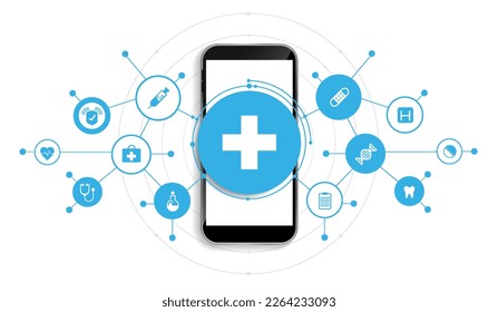 Salud y tecnología de medicina con móvil o smartphone. pantalla de teléfono con especialista en medicina e iconos de salud, cardiograma. consulta de video médico a través de aplicación telefónica. vector.