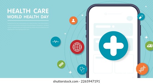 Healthcare and medicine technology with mobile or smartphone. phone screen with medical specialist and icons healthcare, cardiogram. medical video consultation with doctor through phone app. vector.