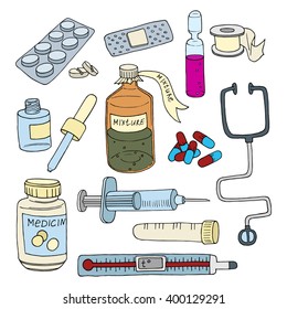 Healthcare and medicine things. Doodles. 