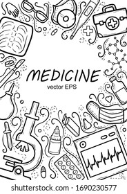 Healthcare and Medicine Vector illustration. Hand Drawn Doodle Drugs and Medical Products and Devices Background