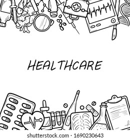 Healthcare and Medicine Vector illustration. Hand Drawn Doodle Drugs and Medical Products and Devices Background