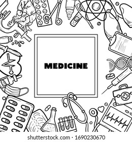 Healthcare and Medicine Vector illustration. Hand Drawn Doodle Drugs and Medical Products and Devices Background
