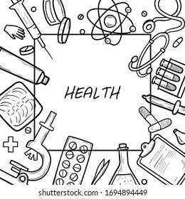 Healthcare and Medicine Vector illustration. Hand Drawn Doodle Drugs and Medical Products and Devices Background for your design