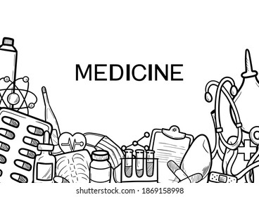 Healthcare and Medicine Vector illustration. Hand Drawn Doodle Drugs and Medical Products and Devices Background for your design