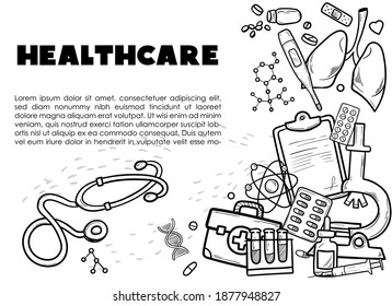 Healthcare and Medicine Vector illustration. Hand Drawn Doodle Drugs and Medical Products and Devices Background for your design