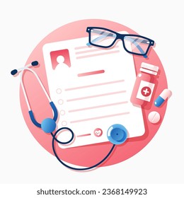 Healthcare and medicine vector illustration. Top view of patient card, stethoscope, glasses and bottle of pills. Medical diagnostics. Flat design.
