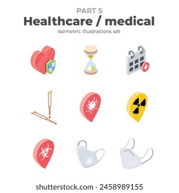 Healthcare and medicine. Vector isometric, color web icons, 3d flat style. Creative illustrations design, graphic idea for infographics.