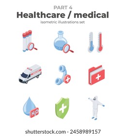 Salud y medicina. Vector isométrico, iconos web de color, estilo plano 3d. Diseño de ilustraciones creativas, idea gráfica para infografías.