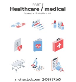 Salud y medicina. Vector isométrico, iconos web de color, estilo plano 3d. Diseño de ilustraciones creativas, idea gráfica para infografías.