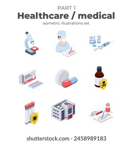 Gesundheitswesen und Medizin. Isometrische Vektorgrafik, farbige Web-Icons, 3D-Flachstil. Kreatives Illustrationsdesign, grafische Idee für Infografiken.