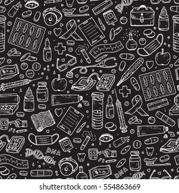 Healthcare and Medicine Vector Seamless pattern. Hand Drawn Doodle Drugs and Medical Products and Devices Background