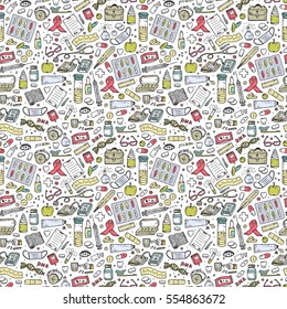 Healthcare and Medicine Vector Seamless pattern. Hand Drawn Doodle Drugs and Medical Products and Devices Background