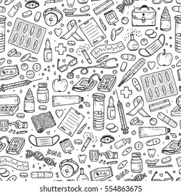 Healthcare and Medicine Vector Seamless pattern. Hand Drawn Doodle Drugs and Medical Products and Devices Background