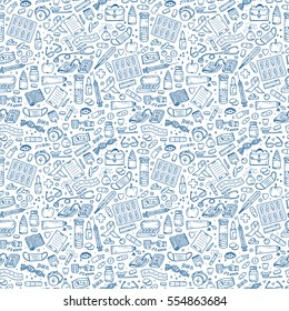 Healthcare and Medicine Vector Seamless pattern. Hand Drawn Doodle Drugs and Medical Products and Devices Background