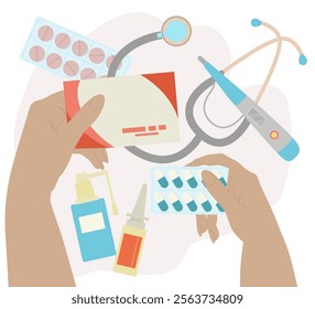 Healthcare. Medicines for treating diseases. Medical equipment for use at home. Vector illustration.