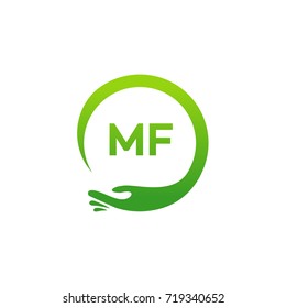 Healthcare MF initial logo designs template, Modern MF initial Care with hand symbol vector