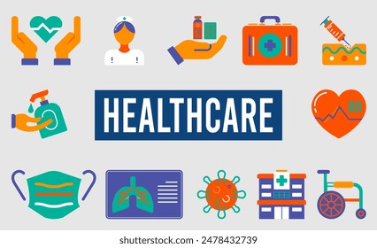 Healthcare minimal solid web icon set with Patient wheelchair, Cardiogram, Hospital, X-ray and more. Vector illustration eps10.