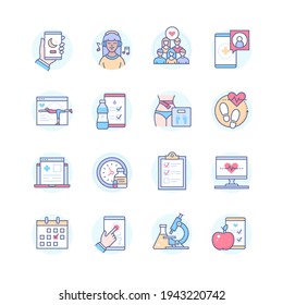 Healthcare mobile app - line design style icons set. Habit tracker idea. Sleep cycle, meditation, workout, step-counter. Healthy eating, medications, heart rate and weight control, online consultation