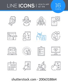 Healthcare mobile app - line design style icons set. Habit tracker idea. Sleep cycle, meditation, workout, step-counter. Healthy eating, medications, heart rate and weight control, online consultation