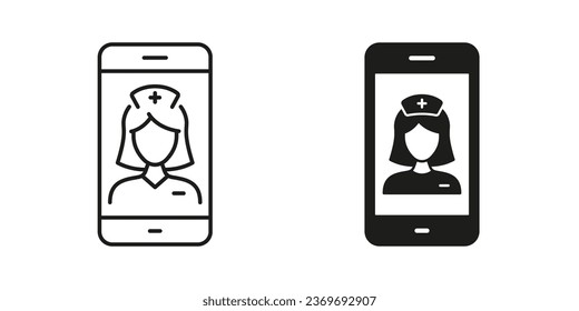 Healthcare in Mobile Phone Symbol Collection. Physician Online Consultation. Virtual Doctor Woman Pictogram. Medical Service in Smartphone Line and Silhouette Icon Set. Isolated Vector Illustration.