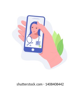 Healthcare mobile service concept. Hand holds smartphone with online doctor consultation on screen. Trendy flat style. Vector illustration.
