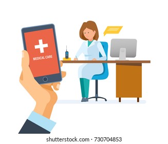 Healthcare mobile service. Medical health care and medicine mobile consultant. Telephone call. Hand holding smartphone with mobile application on the screen to call the doctor. Illustration isolated.