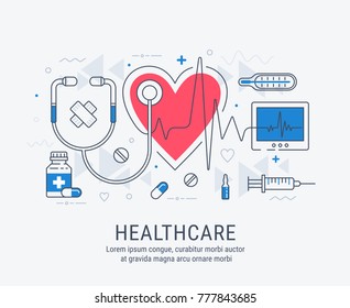 Healthcare modern linear style vector concept. Abstract illustration for medical, health, care, medicine, network.