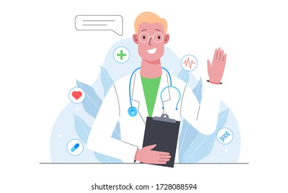 Healthcare, modern medicine treatment, expertize, diagnostic. Medical specialist in the uniform. Medical treatment and recovery. Isolated vector illustration in cartoon style